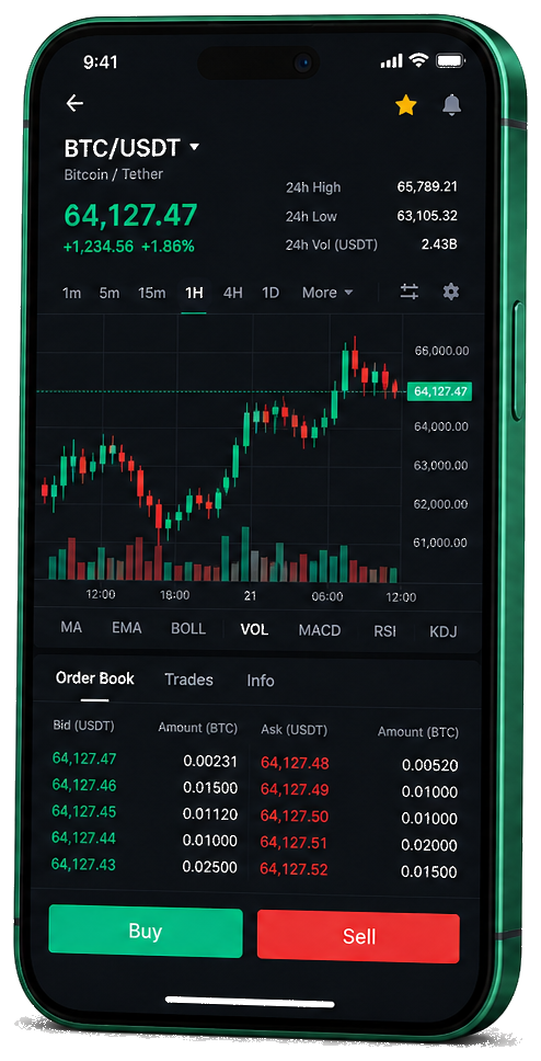 Plataforma de trading Altario Veyron para celular — gráfico BTC/USDT ao vivo, livro de ofertas e painel de operações